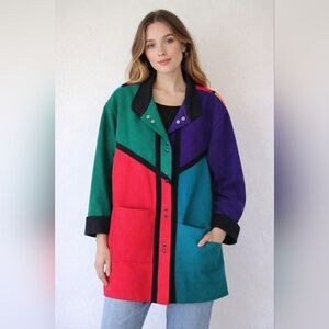 Vintage International Scene Colorblock Wool Coat 70s Women 9/19 Colors Abstract